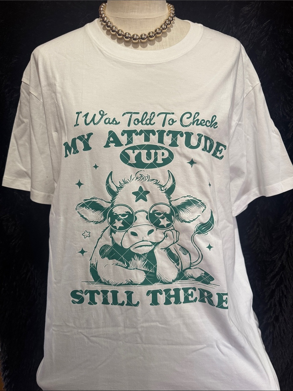 Graphic Tee - White with Green Cow Attitude Print